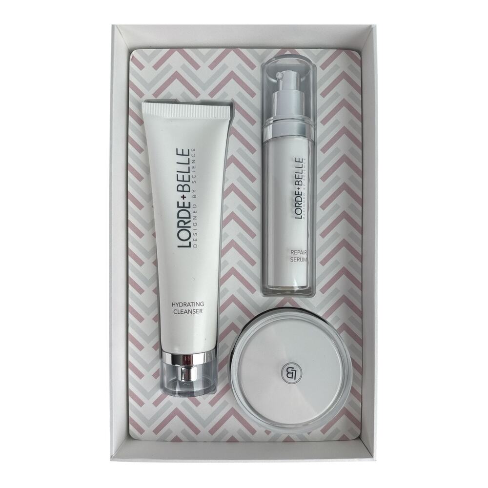 Lorde + Belle 3-Piece Skincare Set Cleanser Repair Serum Hydra-V Moisturizer NWT - Picture 2 of 7